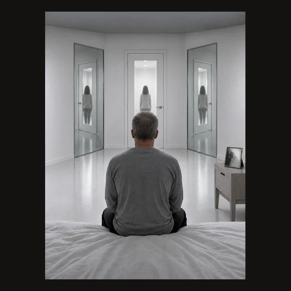 A man faces three glass doors in a white room.