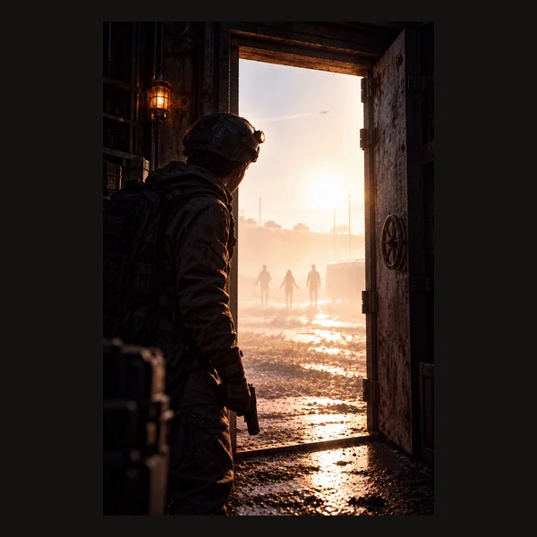 A helmeted figure looks out through a shelter door.